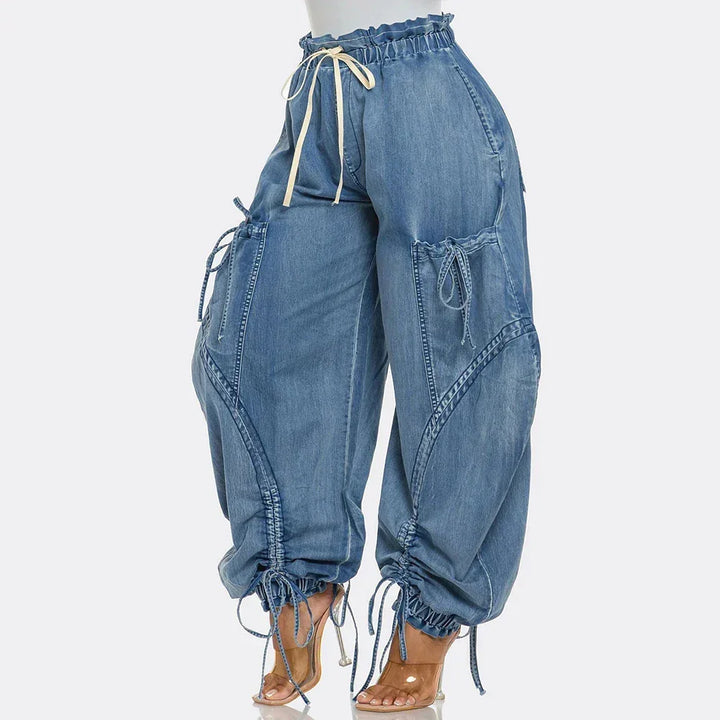 Rovelli baggy denim jeans with drawstring waist and ankles, side pockets, on model