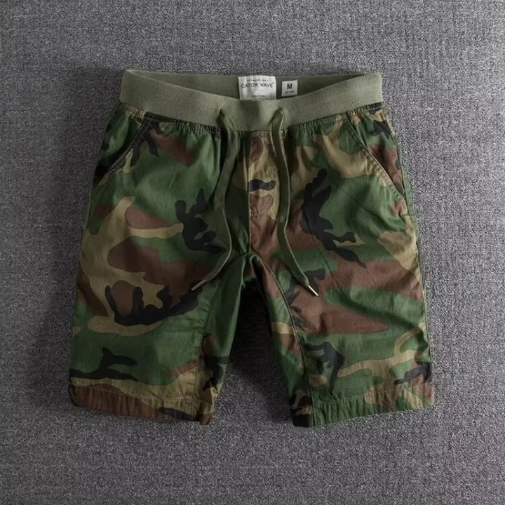 Rovelli men's camouflage shorts with drawstring waist on gray textured background