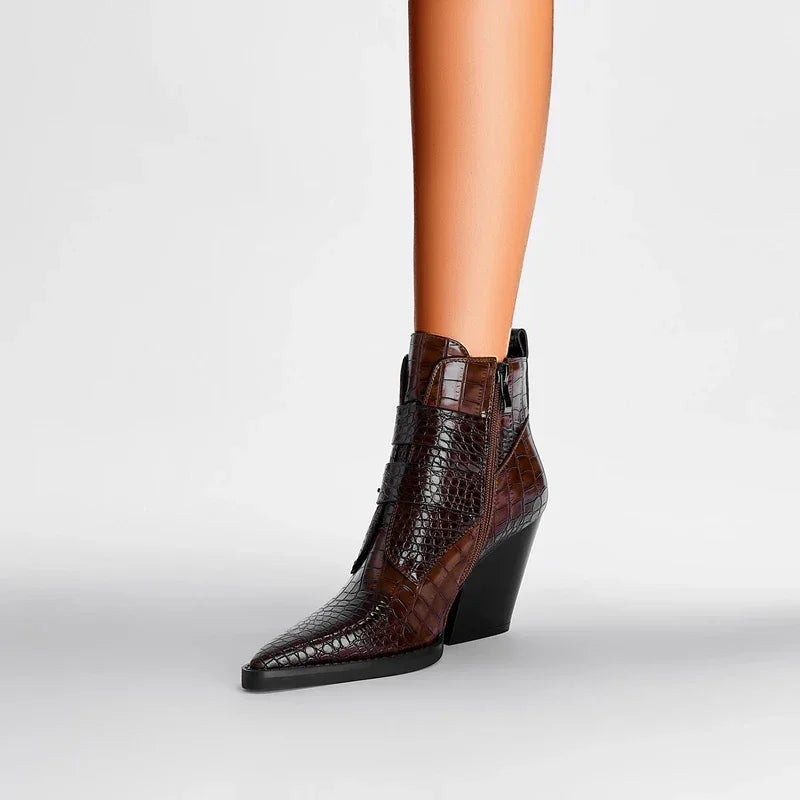 Rovelli brown crocodile-embossed leather ankle boot with wedge heel on white background