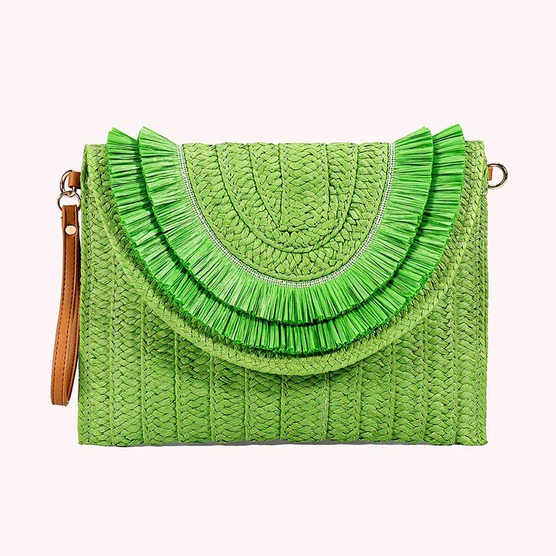 Green woven clutch bag with textured flap and brown strap, Rovelli fashion accessory