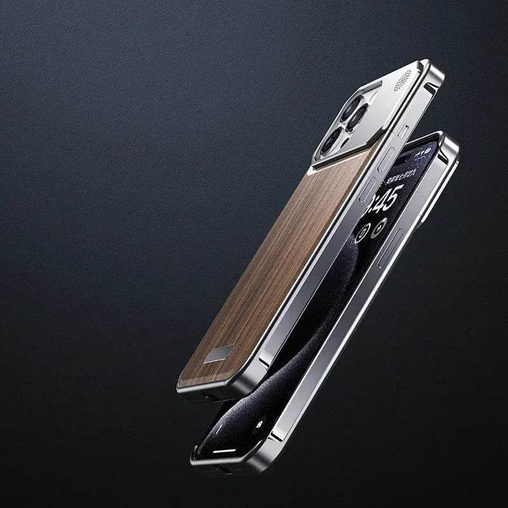 Two modern smartphones, one featuring a stylish wood phone case with a metallic frame, and the other with a black screen and silver edges, are angled against a dark gradient background.