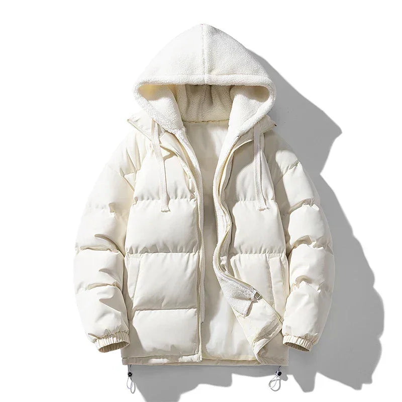 A white hooded puffer jacket with a fleece-lined interior, premium insulation, front zipper, adjustable drawstring hood and hem, and two side pockets, displayed against a plain white background.