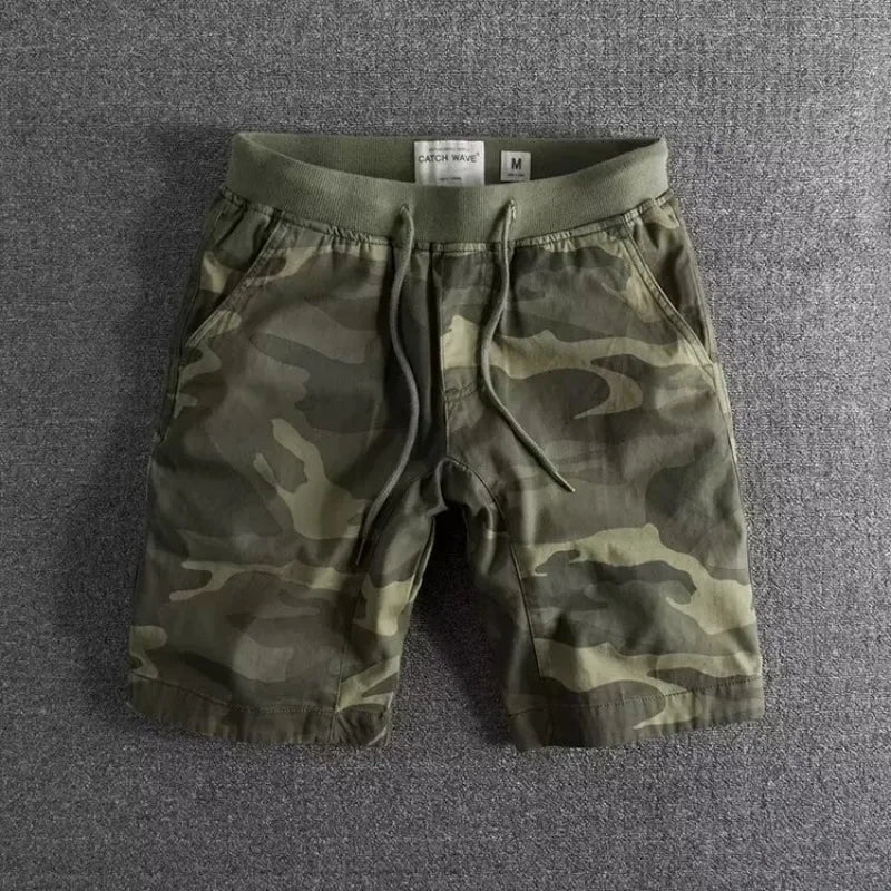 Rovelli camo drawstring shorts with pockets on gray background, men's casual wear