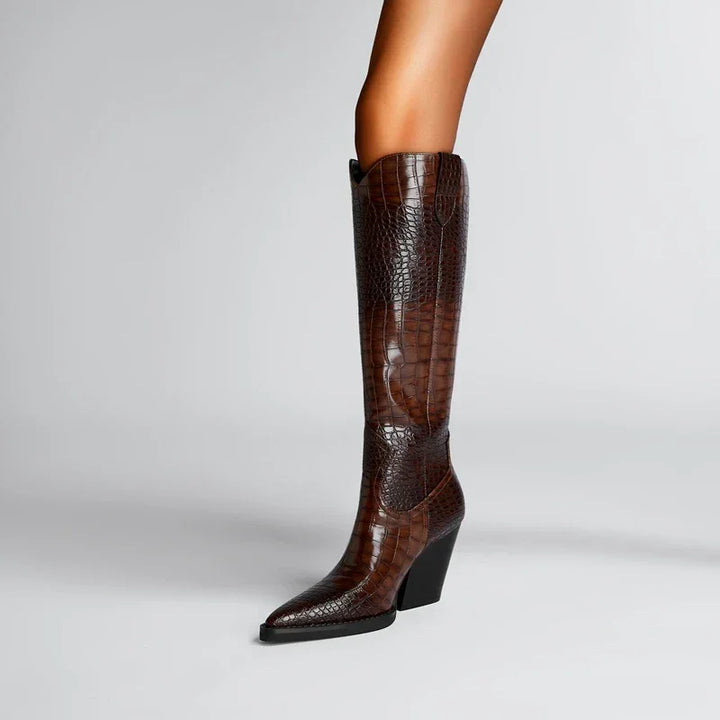 Rovelli dark brown knee-high croc-embossed leather cowboy boot with pointed toe and block heel