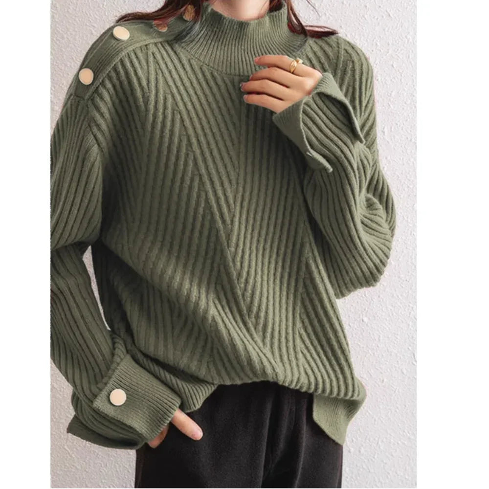 Rovelli ribbed knit olive green sweater with button detail on shoulder