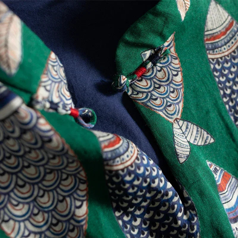 Close-up of Rovelli shirt with green fabric and fish scale pattern details