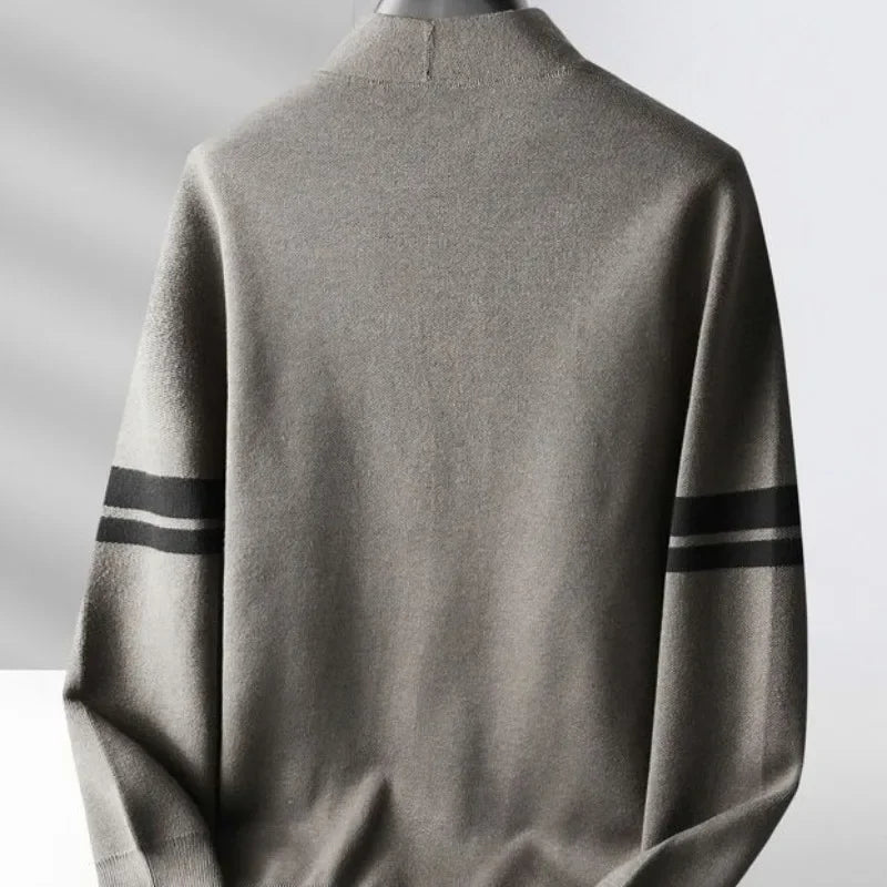 Rovelli gray sweater with black arm stripes, back view on mannequin