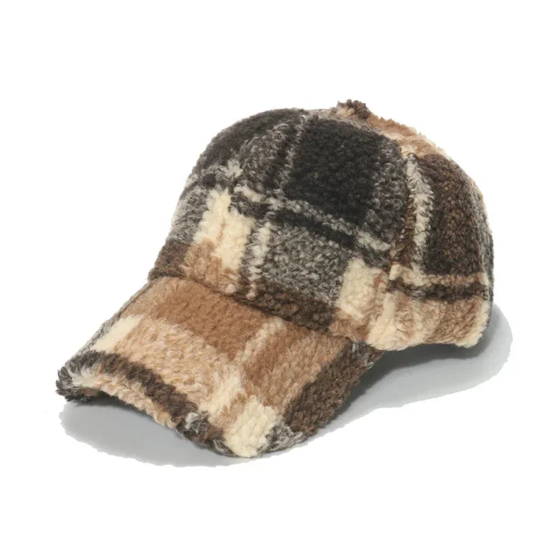 Rovelli brown plaid sherpa baseball cap with curved brim on white background