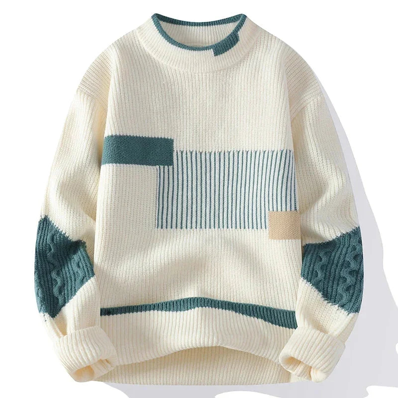 Rovelli cream knit sweater with green geometric patterns and textured sleeves