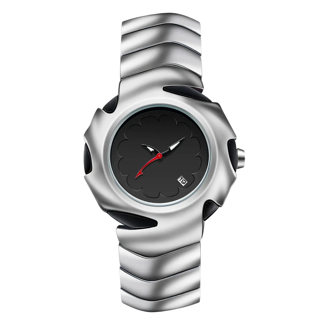 A modern stainless steel watch with a metallic, wavy textured band and a round black dial. Featuring silver hour and minute hands, a red second hand, a small date window at 4 oclock, and is water-resistant for everyday wear.