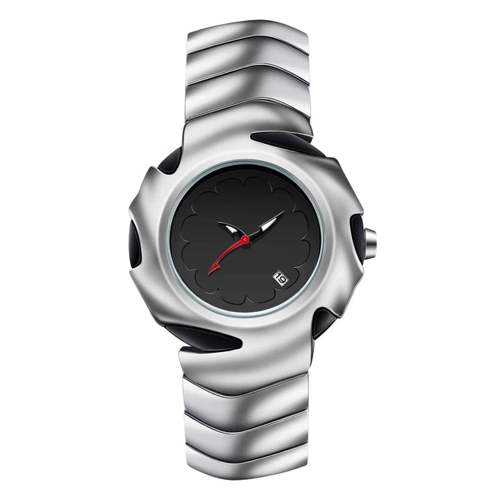 A modern stainless steel watch with a metallic, wavy textured band and a round black dial. Featuring silver hour and minute hands, a red second hand, a small date window at 4 oclock, and is water-resistant for everyday wear.