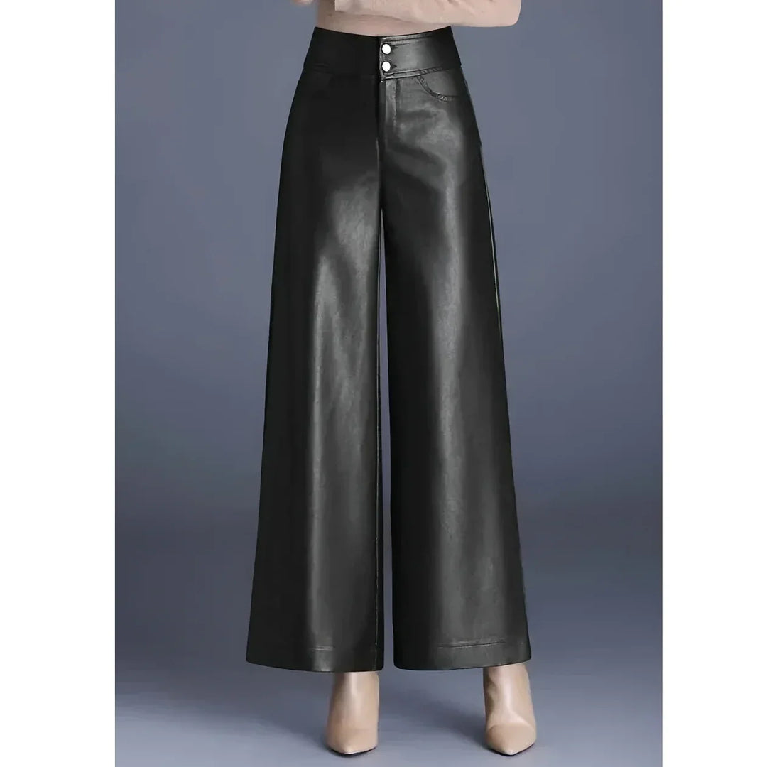Rovelli black faux leather wide leg pants for women, high-waisted, elegant fashion style