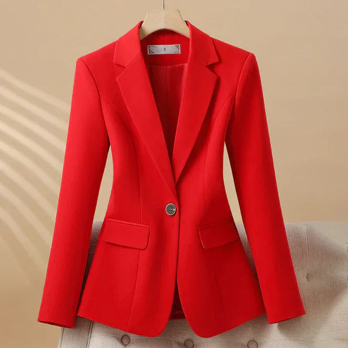 Rovelli women's red tailored blazer with notched lapel, single button, and flap pockets