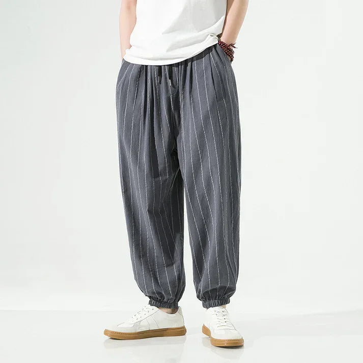 Rovelli loose fit gray pinstripe drawstring pants with elastic cuffs, casual style