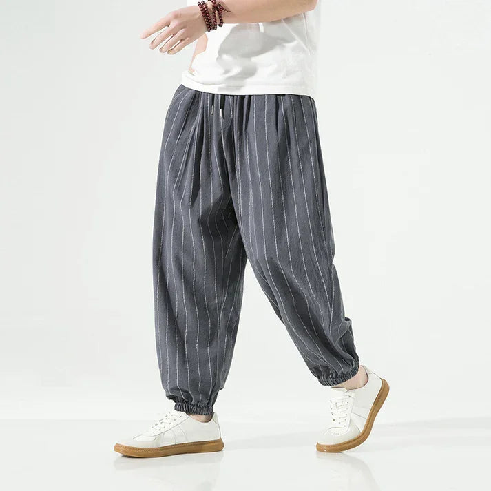 Rovelli loose fit grey pinstripe harem pants styled with white sneakers and white tee