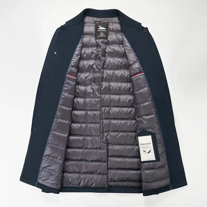 Rovelli men's navy coat open to show gray quilted down lining and inner label
