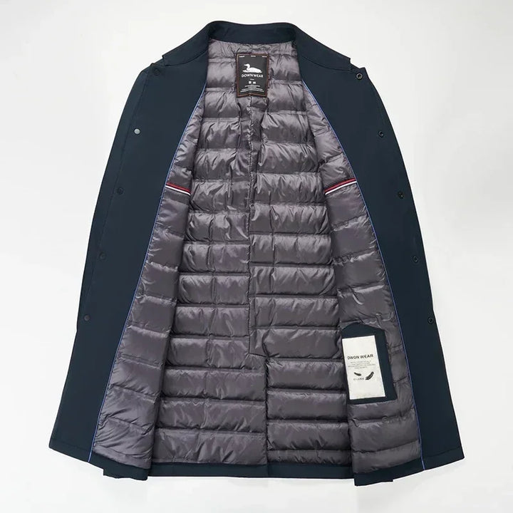 Rovelli men's navy coat open to show gray quilted down lining and inner label
