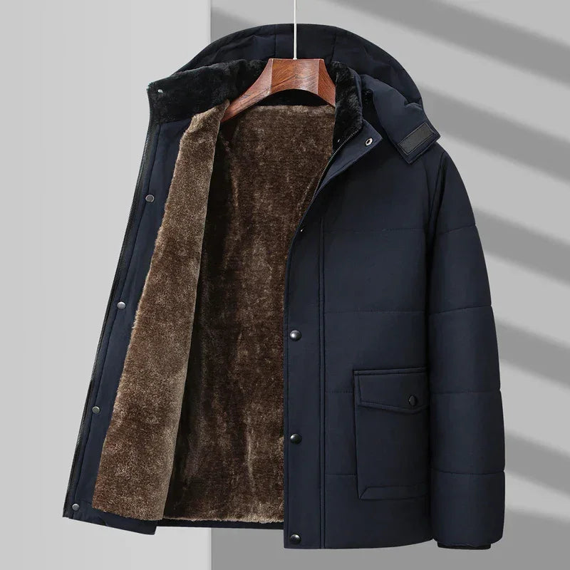 Rovelli black winter jacket with brown faux fur lining and hood, hanging on a wooden hanger