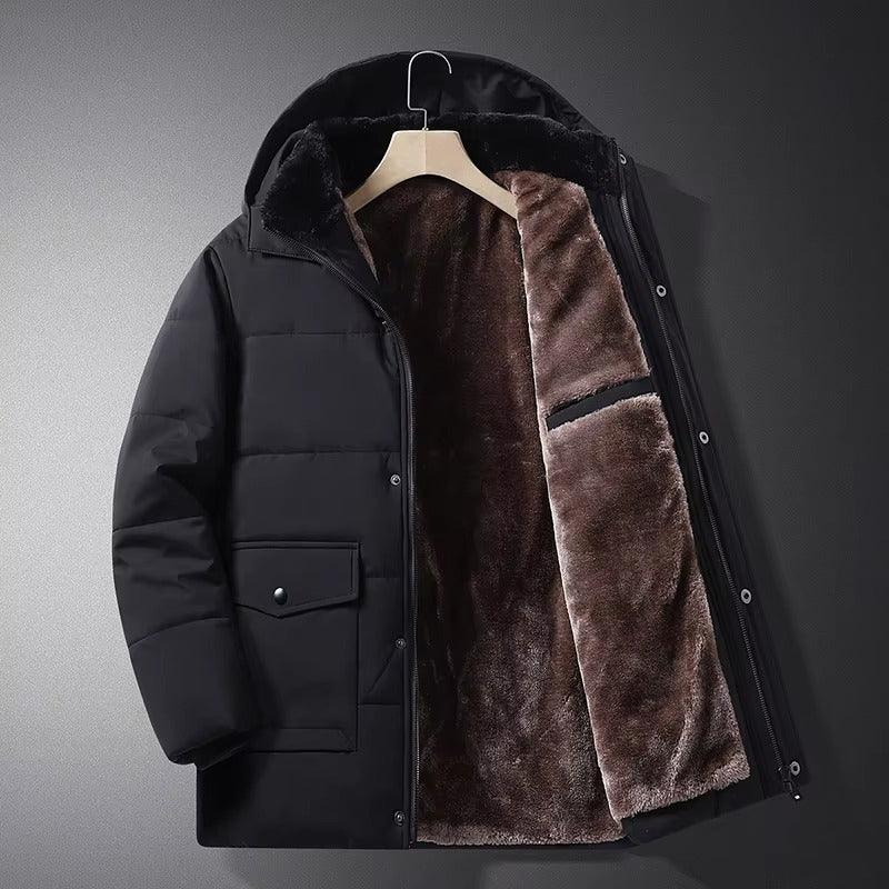 Rovelli black winter jacket with plush brown fur lining and front pocket on hanger