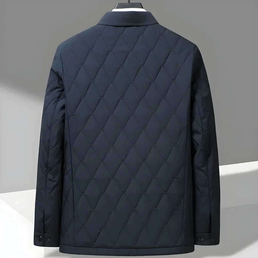 Rovelli men's navy quilted jacket with diamond pattern, back view