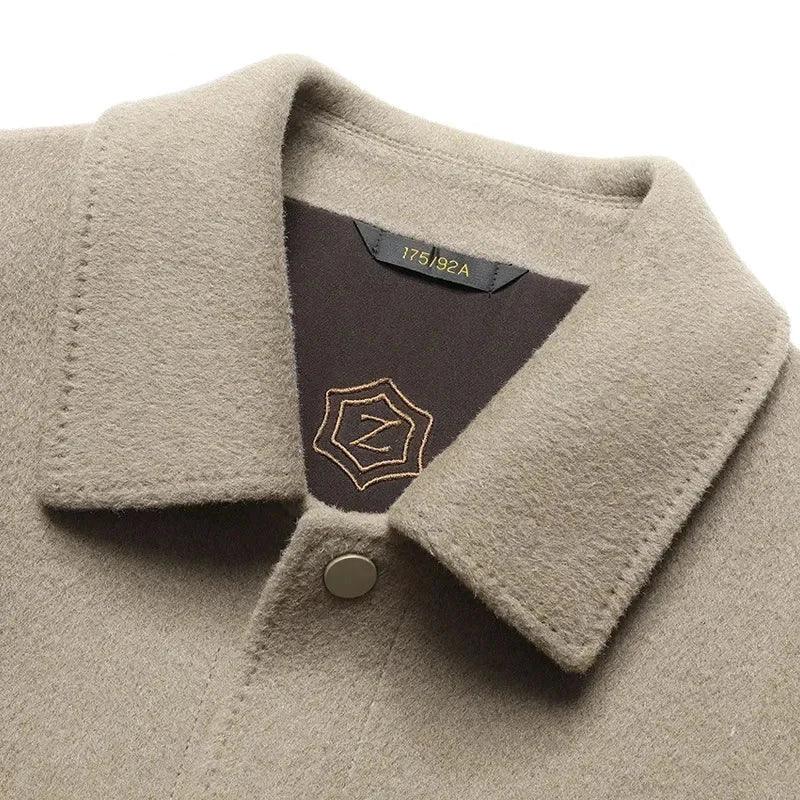 Rovelli wool coat collar with beige fabric, gold Z logo, and button detail