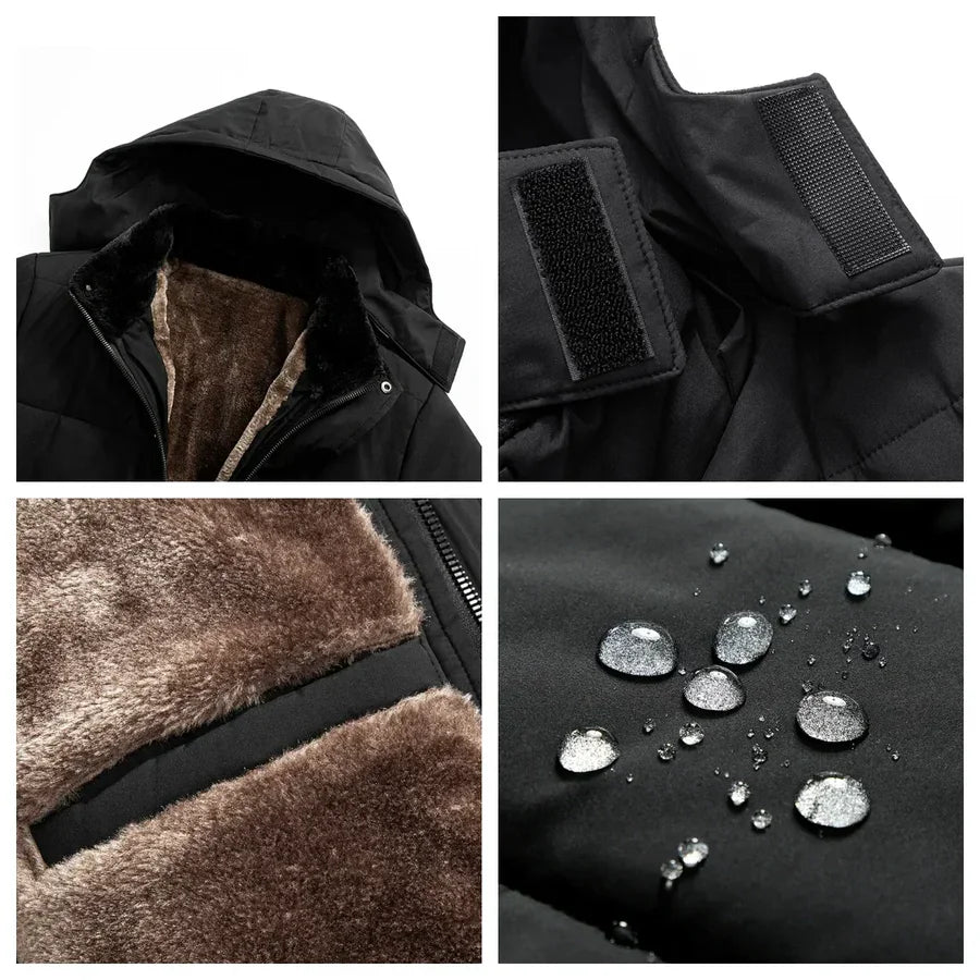 Rovelli black winter jacket with faux fur lining, hood, Velcro closure, and water-resistant fabric
