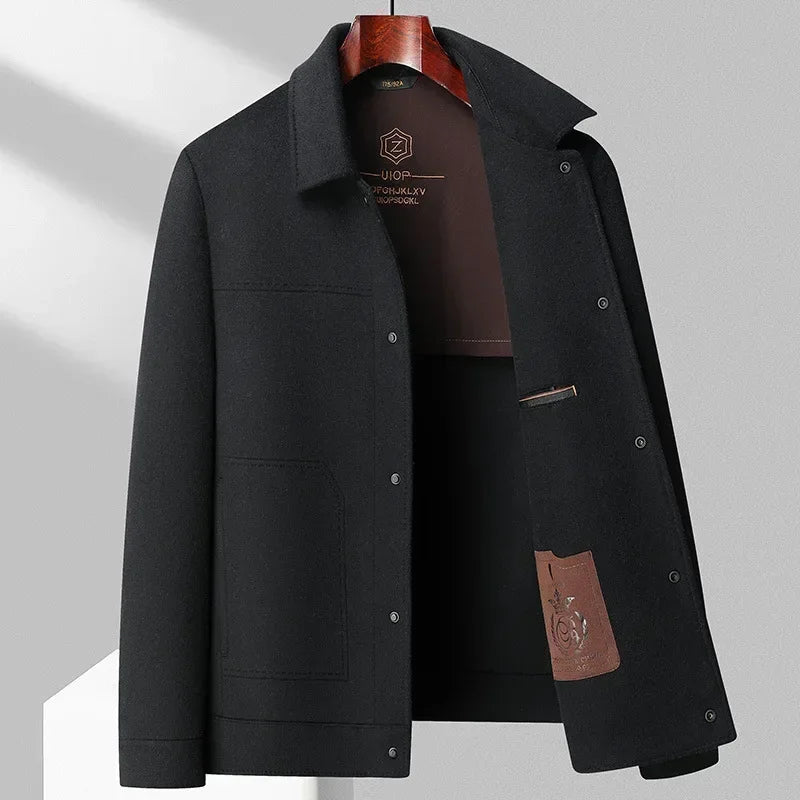 Rovelli black wool coat with front pockets and open collar, displayed on hanger