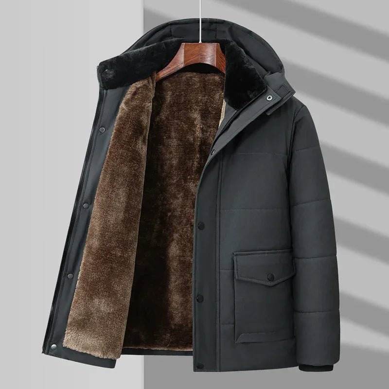 Rovelli black winter parka with brown faux fur lining and hood, displayed on hanger