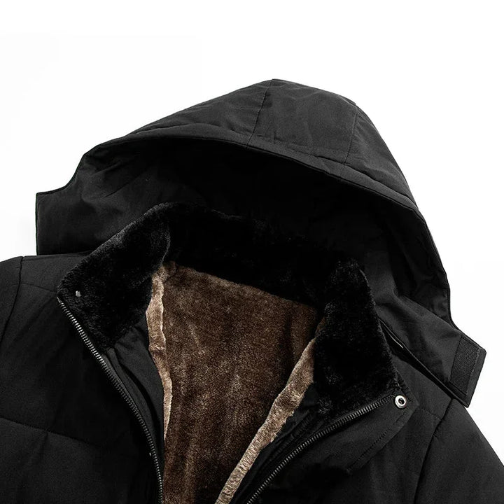 Rovelli black hooded winter jacket with soft brown fleece lining