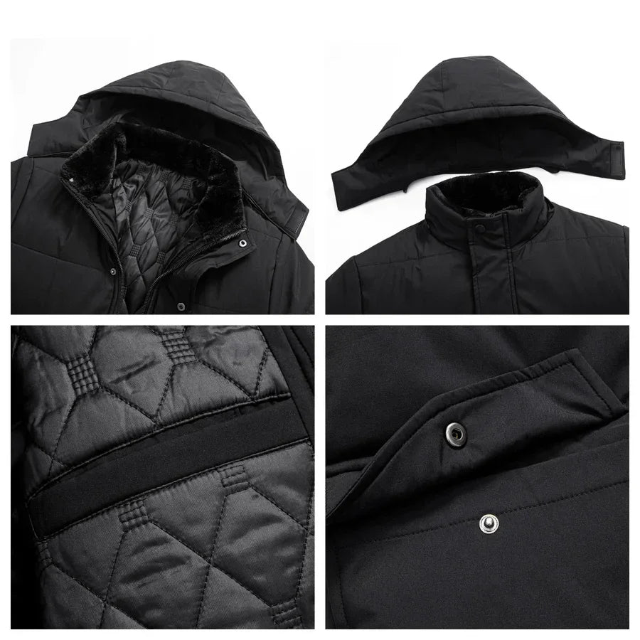 Rovelli black quilted winter jacket close-up, removable hood, snap pockets, soft lining