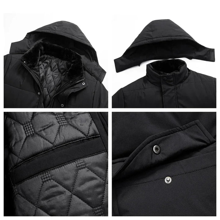Rovelli black quilted winter jacket close-up, removable hood, snap pockets, soft lining