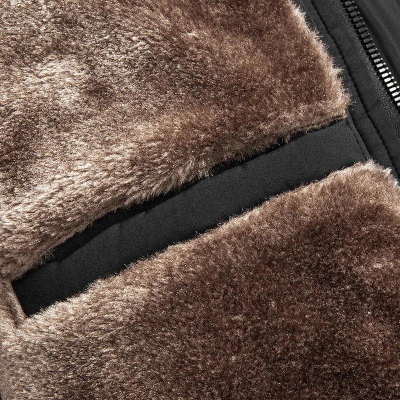 Close-up of brown faux fur jacket material with zipper, Rovelli fashion detail