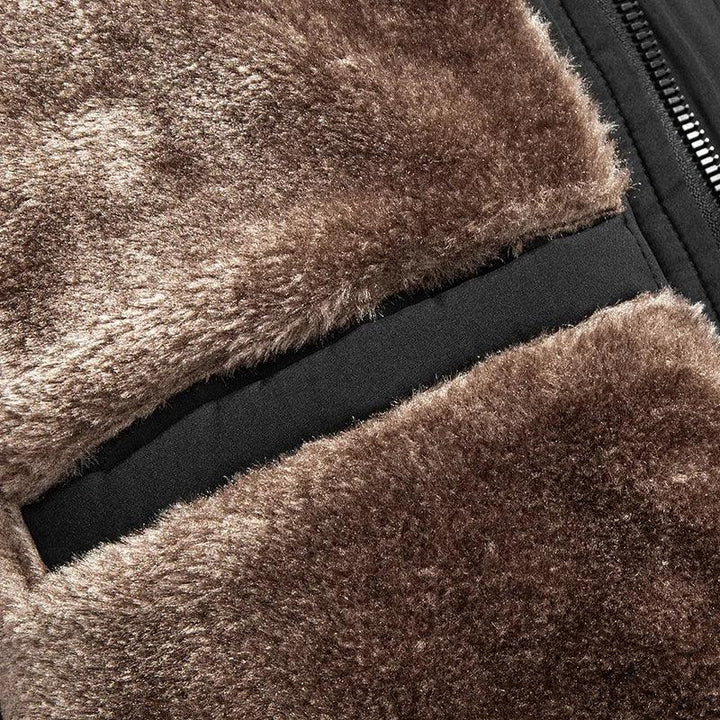 Close-up of brown faux fur jacket material with zipper, Rovelli fashion detail