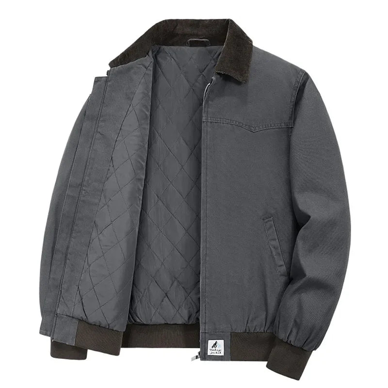 Rovelli gray quilted bomber jacket with open front, brown collar, and ribbed cuffs