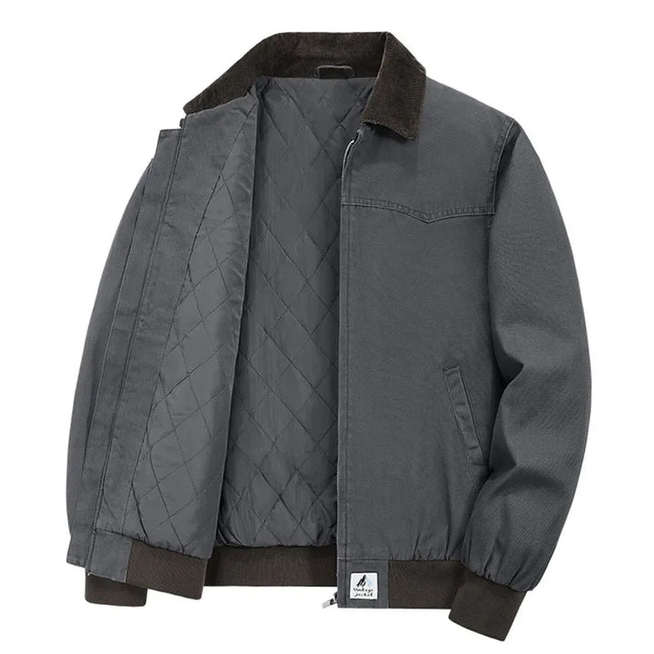 Rovelli gray quilted bomber jacket with open front, brown collar, and ribbed cuffs