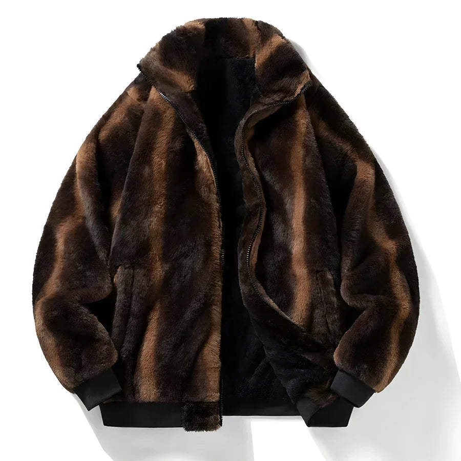 Rovelli brown faux fur jacket with black cuffs and collar, front zipper, soft texture