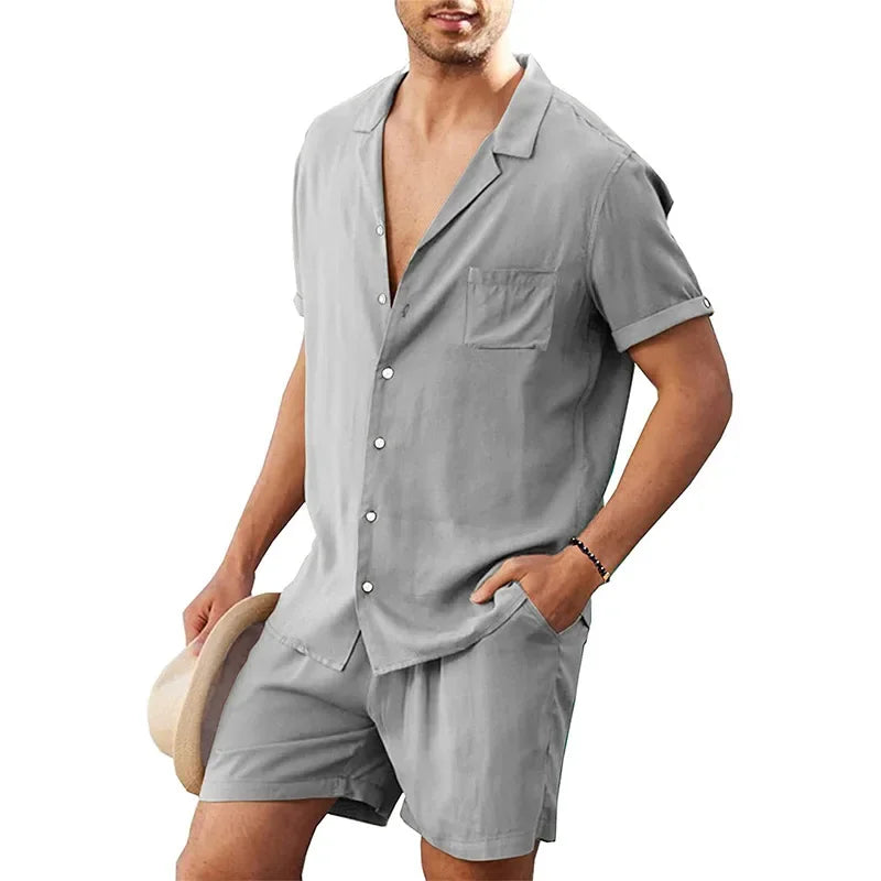 Rovelli men's light grey short sleeve button-up shirt and shorts summer set