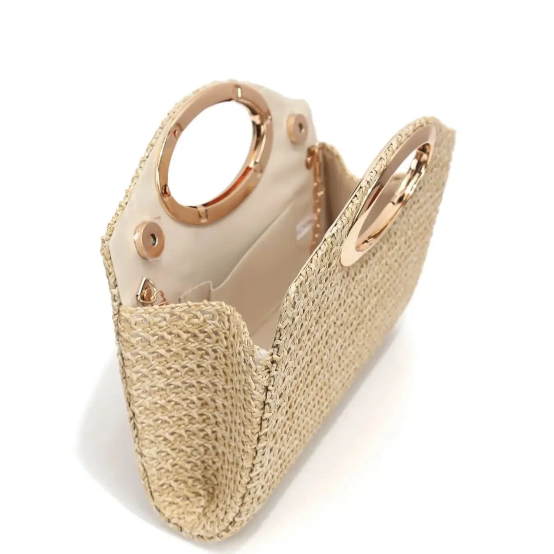 Rovelli woven straw handbag with gold-tone metal handles and beige lining