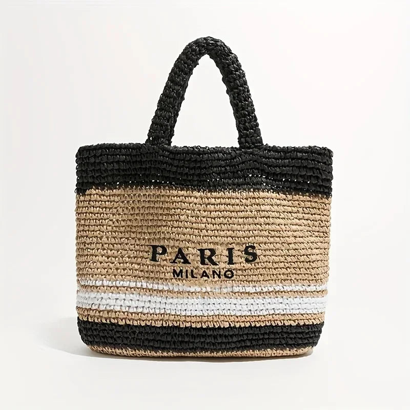 Rovelli woven straw tote bag with 'Paris Milano' text and black, white, and tan stripes