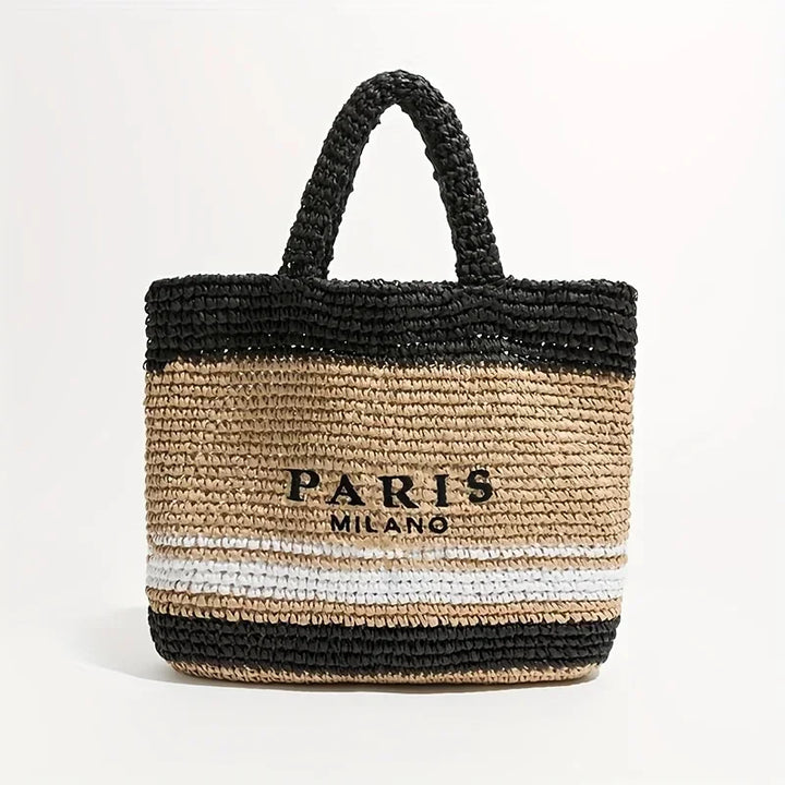 Rovelli woven straw tote bag with 'Paris Milano' text and black, white, and tan stripes