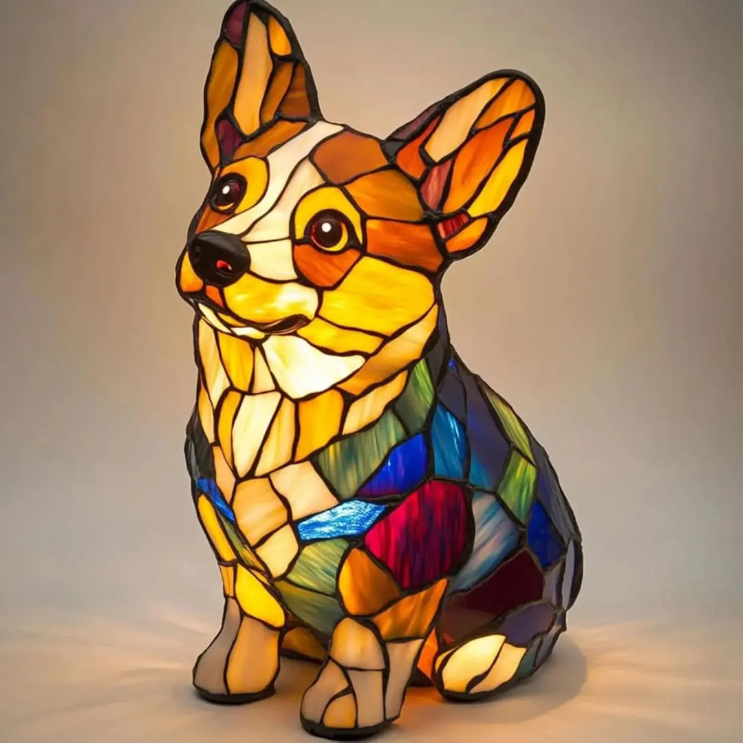 Colorful stained glass corgi dog lamp glowing, home decor by Rovelli