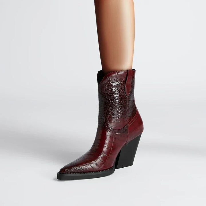 Rovelli burgundy crocodile-embossed leather western boot with block heel