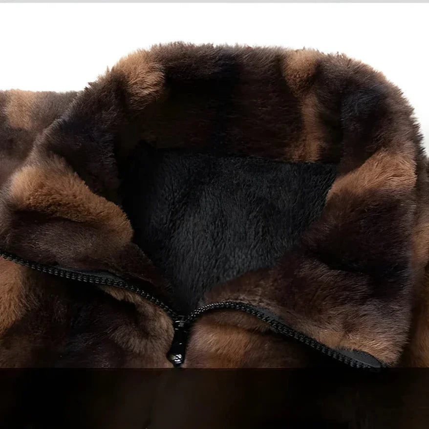 Rovelli brown faux fur jacket collar with zipper detail, close-up view
