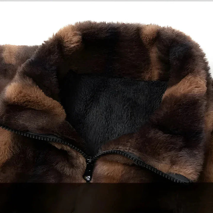 Rovelli brown faux fur jacket collar with zipper detail, close-up view
