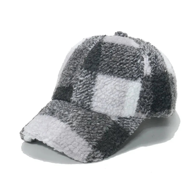 Rovelli sherpa fleece plaid baseball cap in black, white, and gray on white background