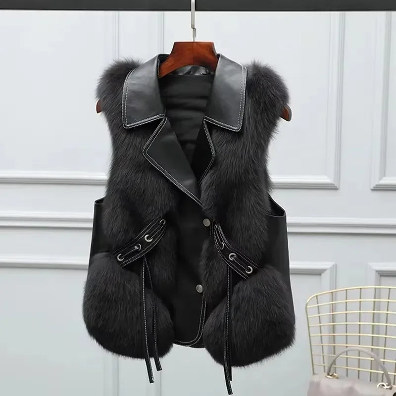 Rovelli black faux fur and leather vest with drawstring waist on hanger, modern background