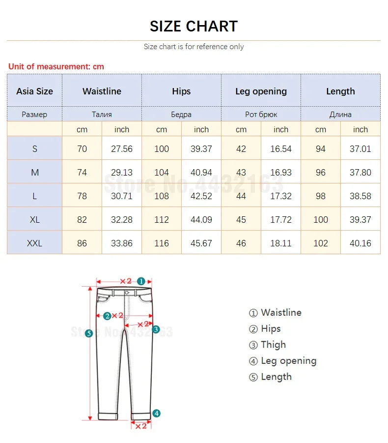 Size chart for premium denim relaxed fit jeans is shown in centimeters and inches, detailing waistline, hips, leg opening, and length for sizes S to XXL. A diagram at the bottom left illustrates where each measurement is taken.