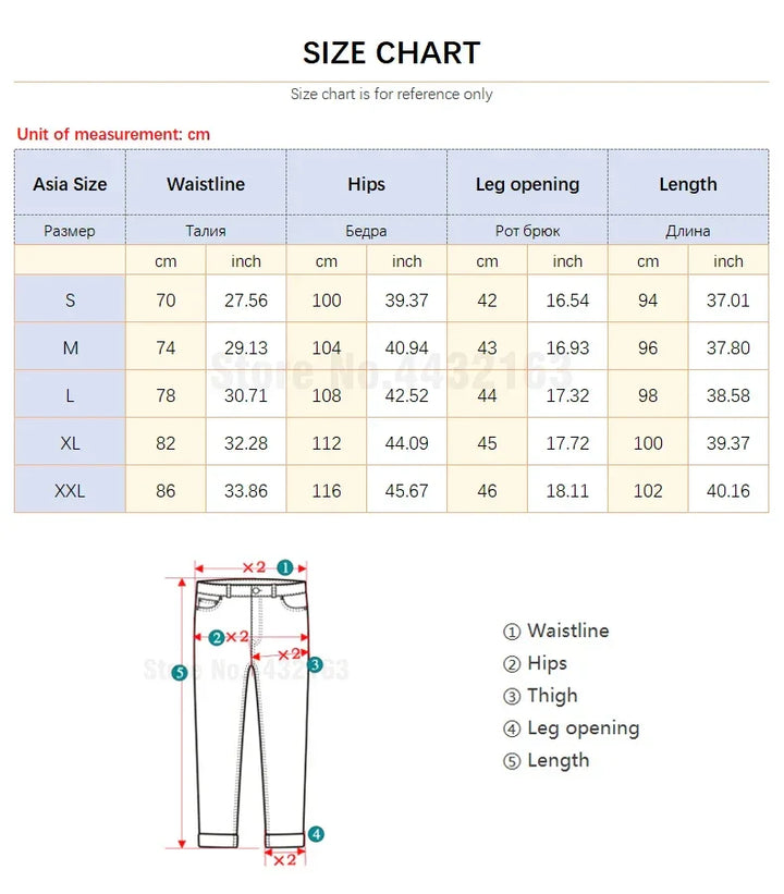 Size chart for premium denim relaxed fit jeans is shown in centimeters and inches, detailing waistline, hips, leg opening, and length for sizes S to XXL. A diagram at the bottom left illustrates where each measurement is taken.