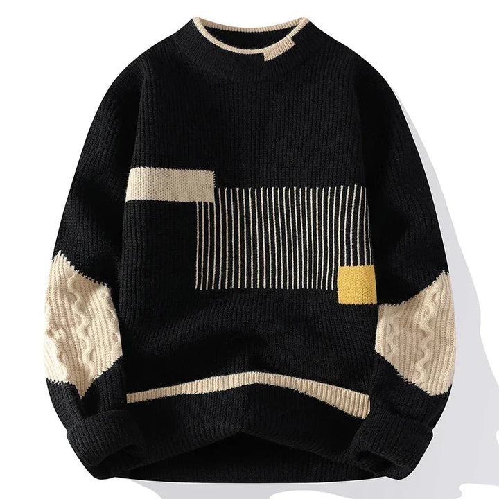 Rovelli black sweater with cream geometric patterns and yellow accent, modern knitwear