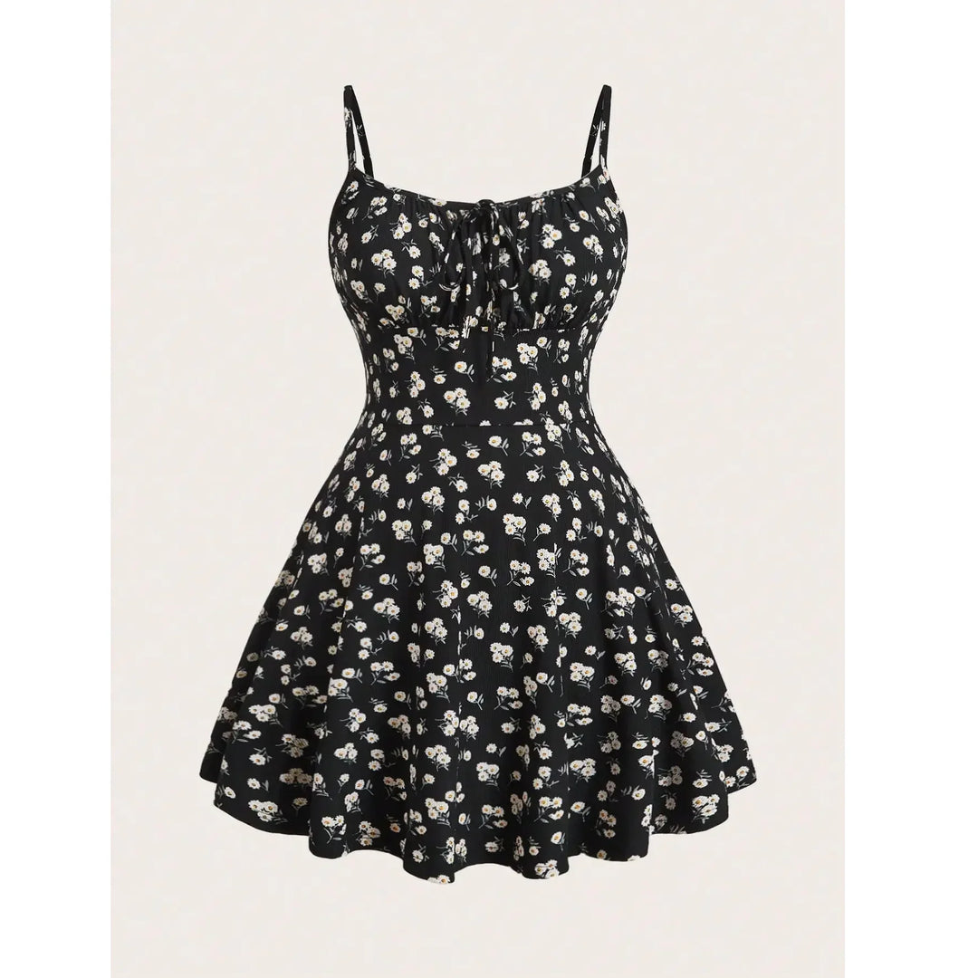 Rovelli black floral print mini dress with spaghetti straps and fitted bodice